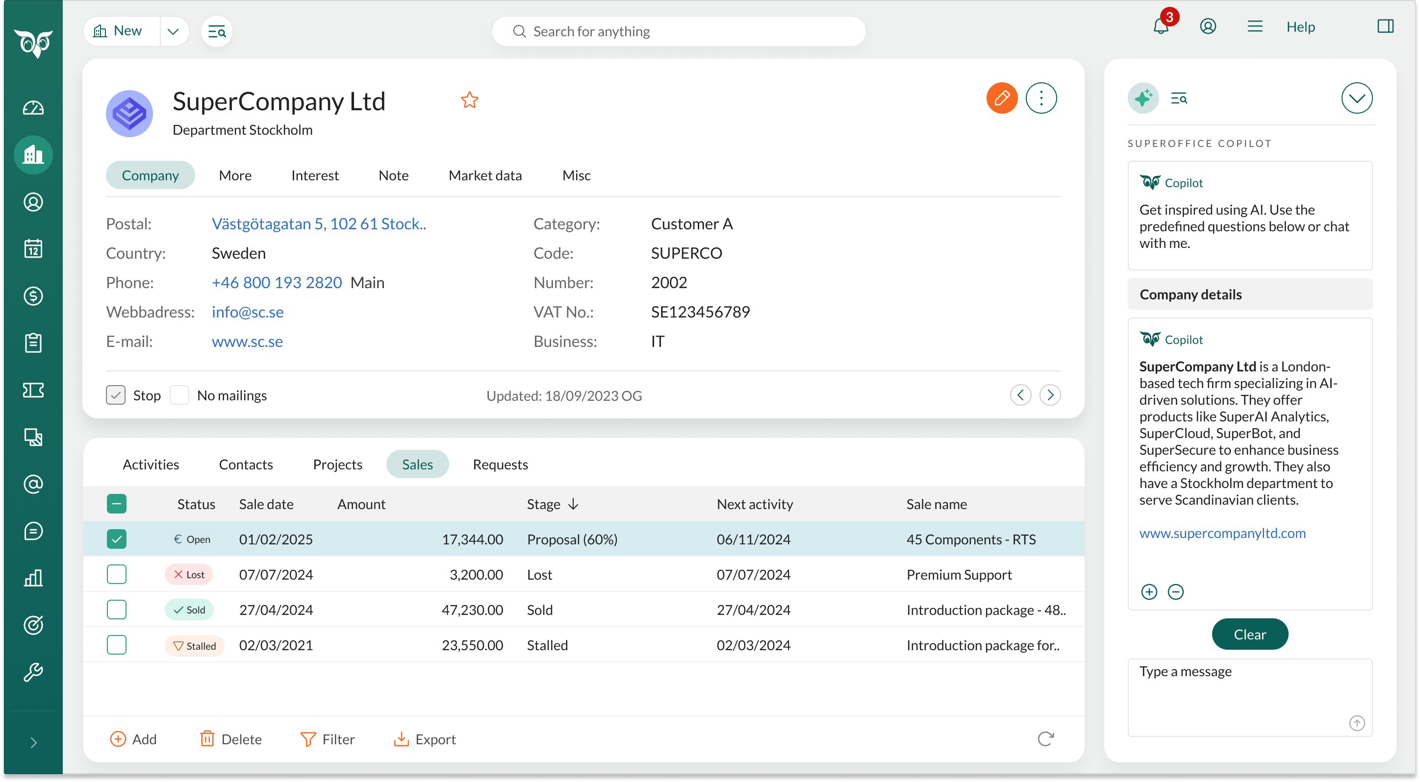 SuperOffice company card with Copilot